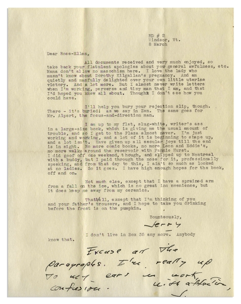 J.D. Salinger Letter Signed Twice, With Autograph Note -- ''...I am up to my flat, slug-white writer's ass in a large-size book...'' -- And With Letter Signed ''John Ringling North'' in Type